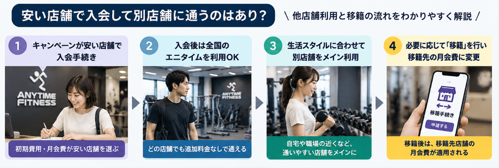 エニタイムの他店舗利用と自動移籍の流れ